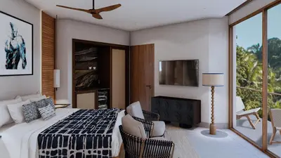 a bedroom with a king sized bed and a balcony at Royal Grand Resorts - Where guys come to play! Exclusively for men! in Manuel Antonio