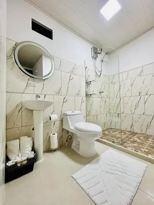 a bathroom with a toilet and a sink and a mirror at Moonlight Lodge in Cuatro Esquinas