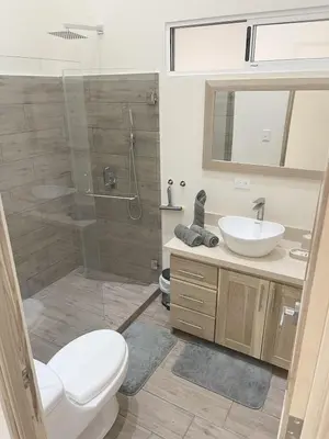 a bathroom with a shower and a toilet and a sink at Paradiselodge - Casa Linda in Platanillo
