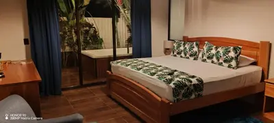 a bedroom with a bed in a room with a window at Bungalow Tucán & Jacuzzi in Fortuna