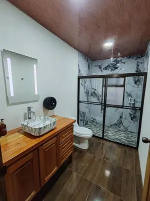 a bathroom with a sink and a toilet in it at Bungalow Tucán & Jacuzzi in Fortuna