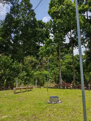 a park with two benches and a bucket in the grass at Tropical Crystal House in Guápiles