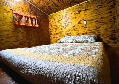 a bedroom with a bed and a wooden wall at Peace of the forest in Llano Grande