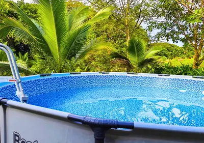a jacuzzi tub with palm trees in the background at Peace of the forest in Llano Grande