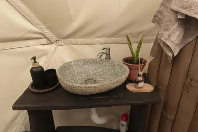 a bathroom sink on a table with a plant at Bambuk Bio Dome Uvita beach front in Uvita