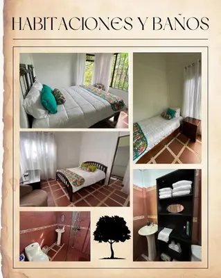 a collage of pictures of a bedroom with a bed and a tree at Casita El Almendro in Bijagua