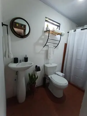 a bathroom with a toilet and a sink and a mirror at Casita Thisa Chibú in Bijagua