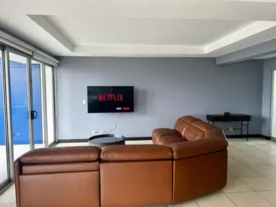 a brown leather couch in a room with a tv at Apartment in La Sabana in San José