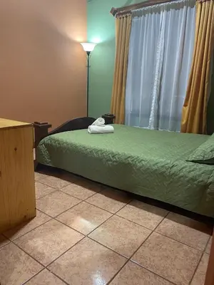 a bedroom with a green bed with a window at Fergust Family Studio Monteverde in Sierra