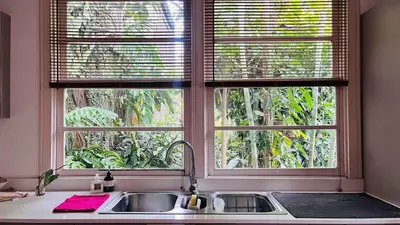 a kitchen with a sink and two windows at Casa Botánica de Aranjuez in San José