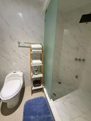 a bathroom with a toilet and a shower at Casa residencial en playa Herradura in Herradura