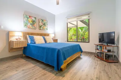 a bedroom with a blue bed and a television at Ocean Views-Private-Pool-Easy access-Ojochal-Gate in Ojochal