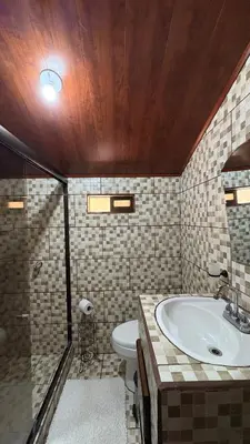 a bathroom with a sink and a toilet and a shower at Skyline Great View in Naranjo