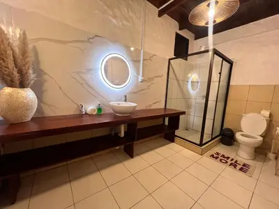 a bathroom with a sink and a toilet and a mirror at Kika Zaru Free MA Park Tour & Breakfast in Manuel Antonio