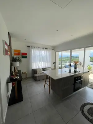 a kitchen and living room with a table and a couch at Luxury New apartment! Infinity Pool! Adults only in Tapantí