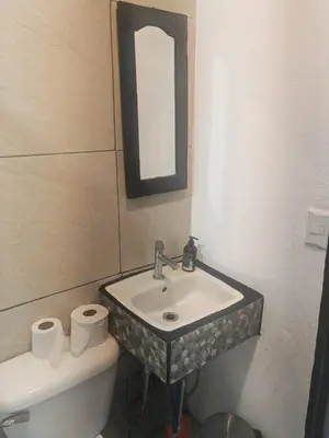 a bathroom with a sink and a toilet and a mirror at Happy Family in Quepos