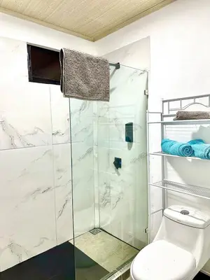a bathroom with a glass shower stall and a toilet at En-suite Paraiso #1 in Parrita