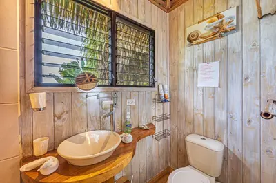 a bathroom with a sink and a toilet and a window at Chalet Jardin Tropical in Ojochal