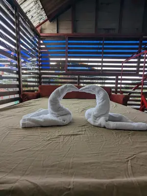 two swans made out of towels on a bed at Alojamiento el Mirador in Tapantí