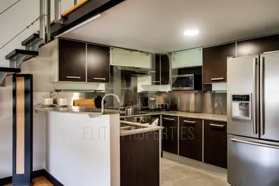 a kitchen with wooden cabinets and stainless steel appliances at CR MARIPOSA RENTALS lakeview, spacious penthouse with office, pool, gym, Jacuzzi in Santa Ana
