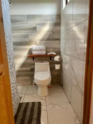 a bathroom with a white toilet in a room at EBK Surf Apartamento 1 in Santa Cruz