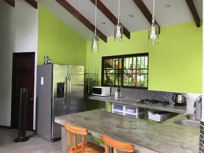 a kitchen with green walls and a stainless steel refrigerator at Luz En El Cielo Eco-B&B/Hostel in Montezuma