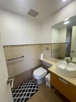 a bathroom with a toilet and a sink and a mirror at CR MARIPOSA RENTALS Brand New lake view Penthouse with office space in Santa Ana