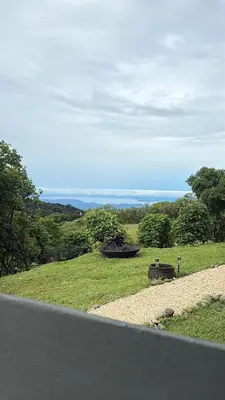 a view of a field of grass with a bench at Sea song cabin with private waterfall and river in Monteverde Costa Rica