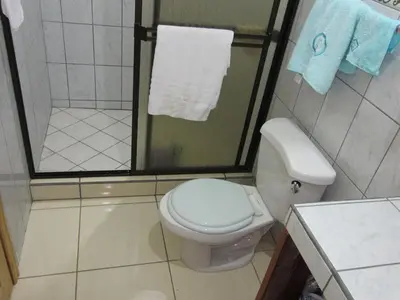 a bathroom with a toilet and a shower with towels at Casa Esmeralda in Paquera