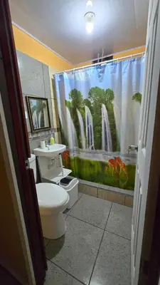 a bathroom with a toilet and a shower curtain at CocoRelax in Siquirres