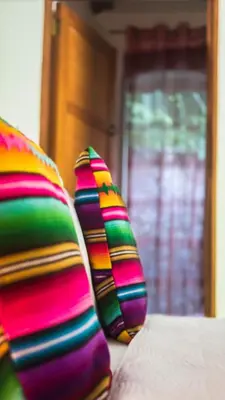 two colorful pillows sitting on top of a bed at Hotel El Pequeño Gecko Verde in Sámara
