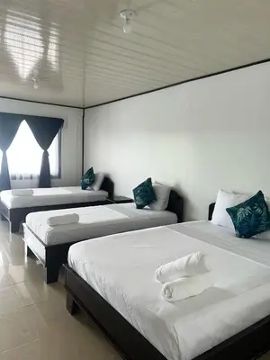 a bedroom with two beds and a window at Hotel Angsa River View Tortuguero in Tortuguero