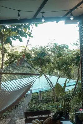 a hammock hanging in a room with a view of the ocean at Jungle house in Santa Teresa in Santa Teresa Beach