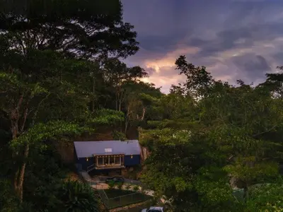 a blue house in the middle of a forest at Modern 2BR Home in Central Manuel Antonio! in Quepos