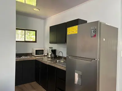 a kitchen with a stainless steel refrigerator and a microwave at Villas Carari in Hatillo