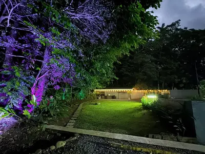 a garden at night with purple flowers and lights at Seven Paradise - Your personal rainforest in Fortuna