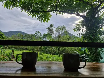 two coffee cups sitting on a table in front of a window at Pantala Villa in Fortuna