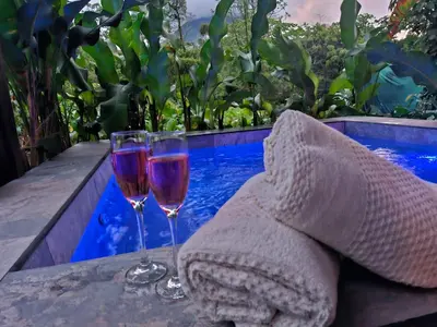two glasses of wine and a towel next to a pool at Pantala Villa in Fortuna