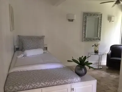 a bed in a room with a mirror and a plant at Gitana Hermosa in San Rafael
