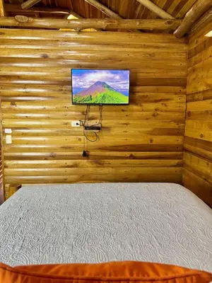 a bedroom with a bed and a tv on a wooden wall at Hanging Rustic Cabin with Balcony and terrace #4 in Fortuna