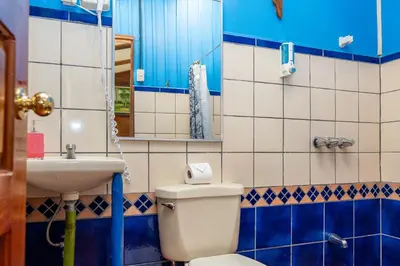 a bathroom with a toilet and a sink at Monteverde Wildlife Paradise - Nature Lovers in San Luis