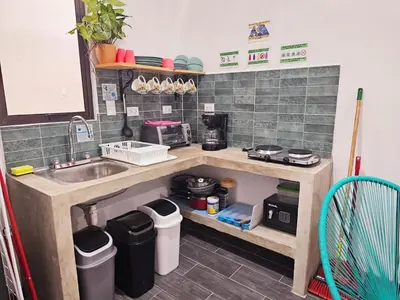 a kitchen with a sink and a counter top at Cara Coral, un oasis en la Selva in Tortuguero