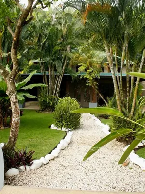 a garden with gravel and palm trees and a house at Beachfront Exotic Family Groups Retreat Wedding in Jacó