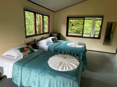 two beds in a room with two windows at Estudio Jaguar 2 o piso Casa Jaguar in Tortuguero