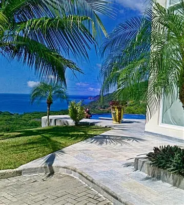 a walkway with palm trees and a view of the ocean at Modern 4 Bedroom Infinity Pool Beach, Sunset, in Playa Hermosa