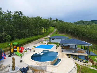 an aerial view of a playground with a pool at Casa Brisa house in the mountains 15 minutes from the beach in Nicoya