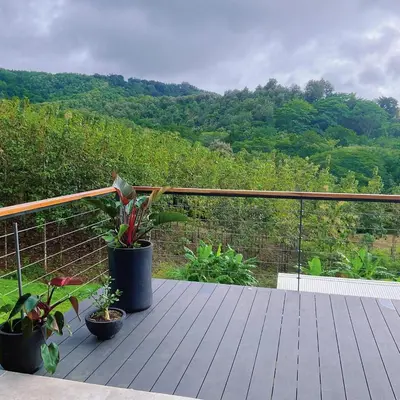a deck with potted plants and a view of a mountain at Casa Brisa house in the mountains 15 minutes from the beach in Nicoya