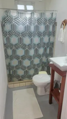a bathroom with a toilet and a shower curtain at Residencial Oasis in Sámara