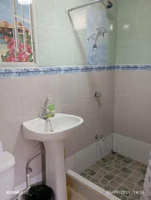 a bathroom with a sink and a shower at Cabaña Renaciendo in Turrialba