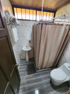 a bathroom with a shower curtain and a toilet at La Fortuna, Fluca House 1 in Fortuna